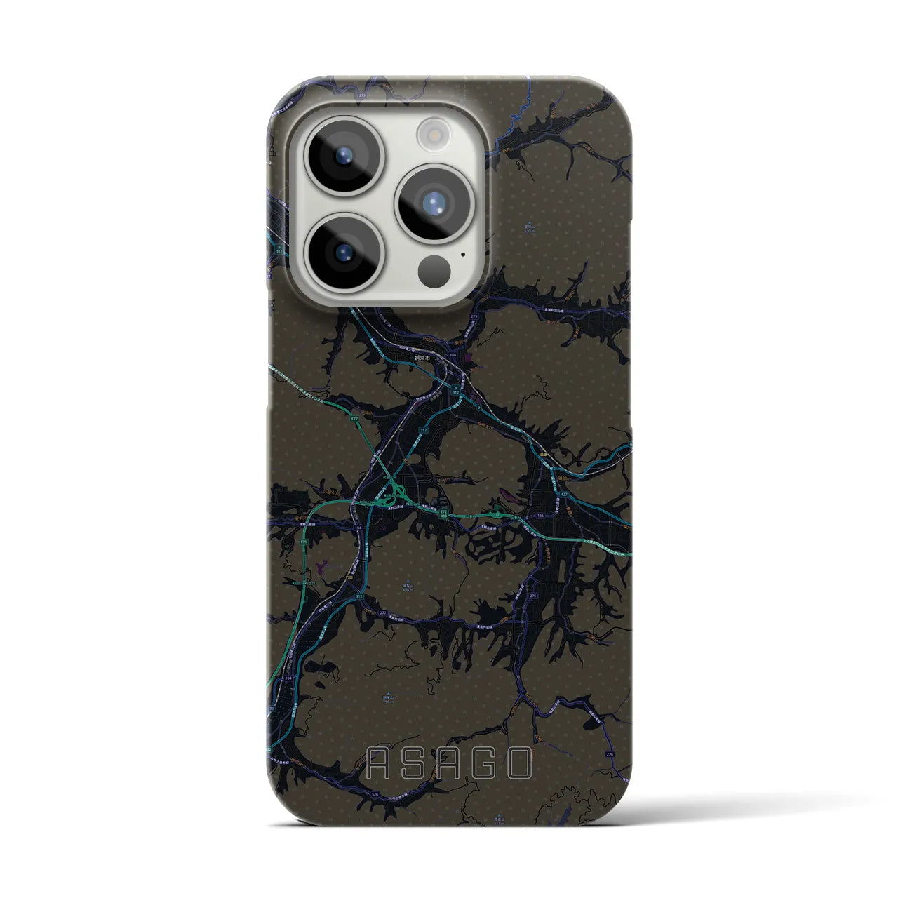 【朝来】地図柄iPhoneケース（バックカバータイプ・ブラック）iPhone 15 Pro 用