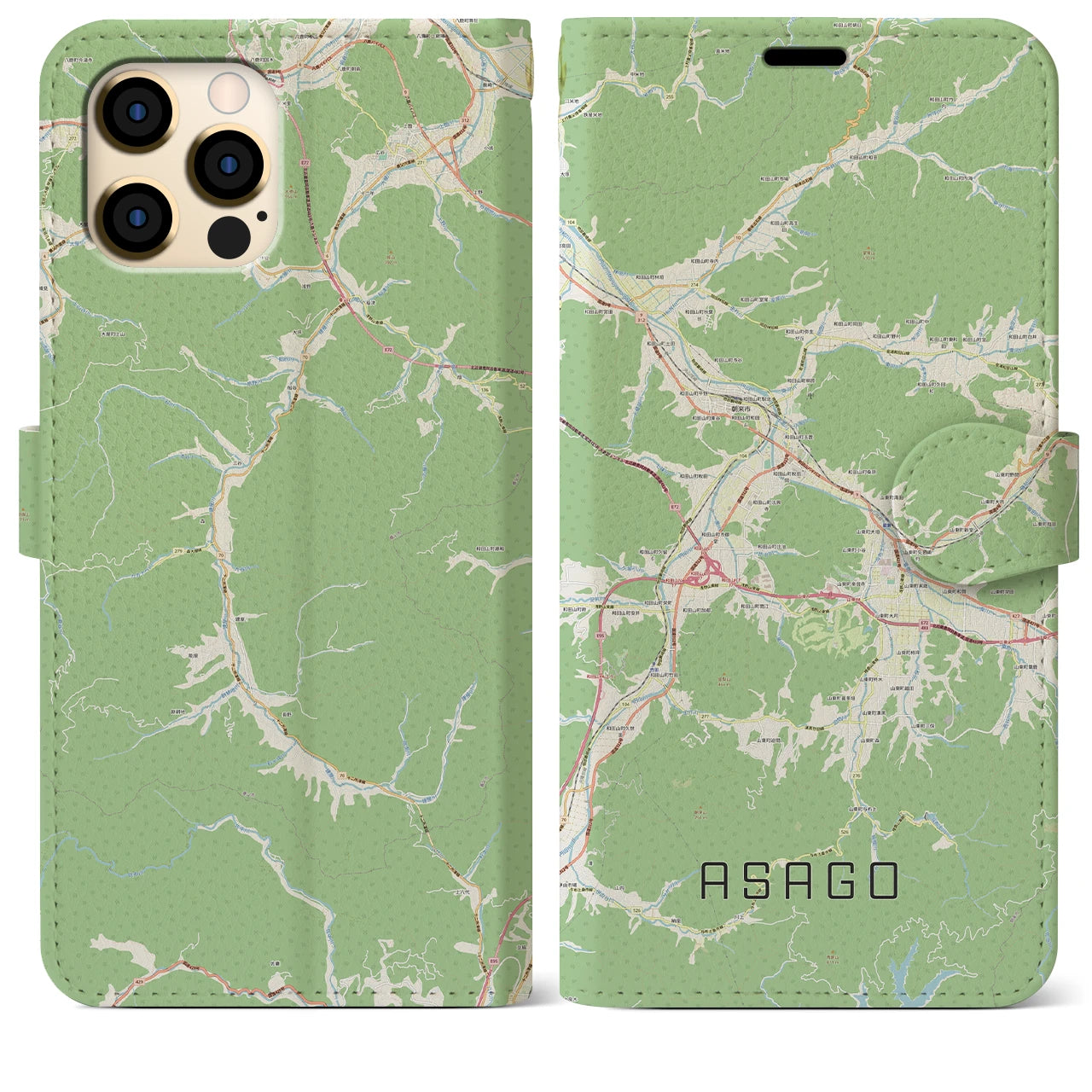 【朝来】地図柄iPhoneケース（手帳両面タイプ・ナチュラル）iPhone 12 Pro Max 用