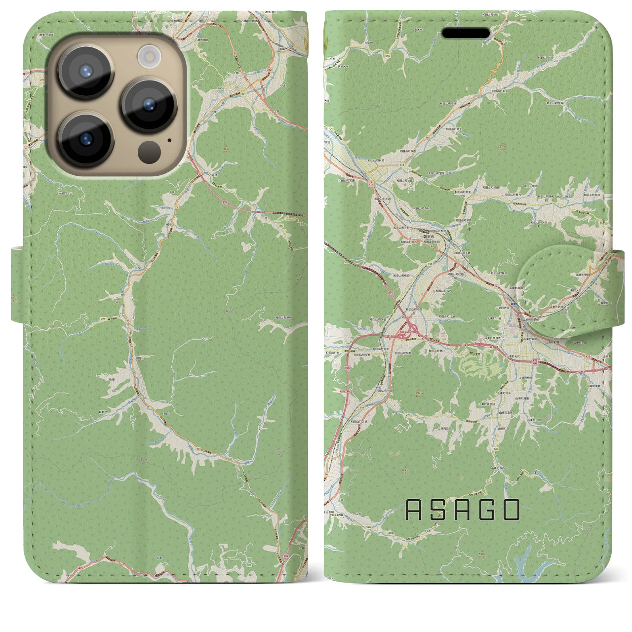 【朝来】地図柄iPhoneケース（手帳両面タイプ・ナチュラル）iPhone 14 Pro Max 用