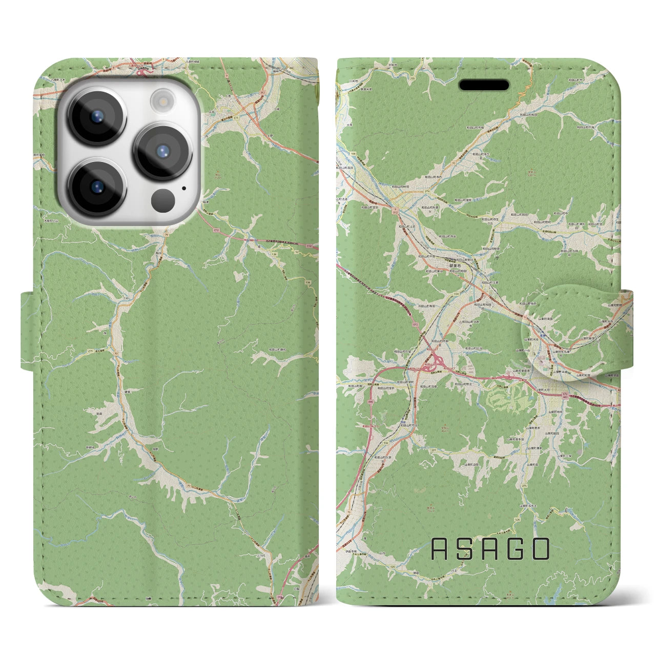 【朝来】地図柄iPhoneケース（手帳両面タイプ・ナチュラル）iPhone 14 Pro 用