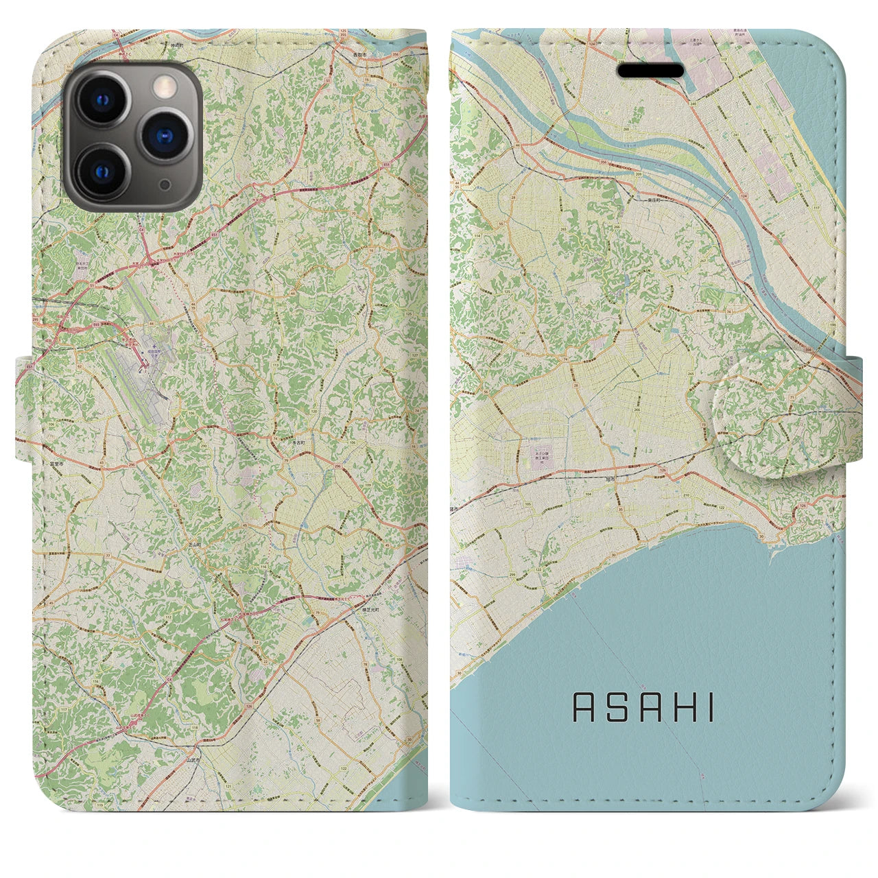 【旭】地図柄iPhoneケース（手帳両面タイプ・ナチュラル）iPhone 11 Pro Max 用