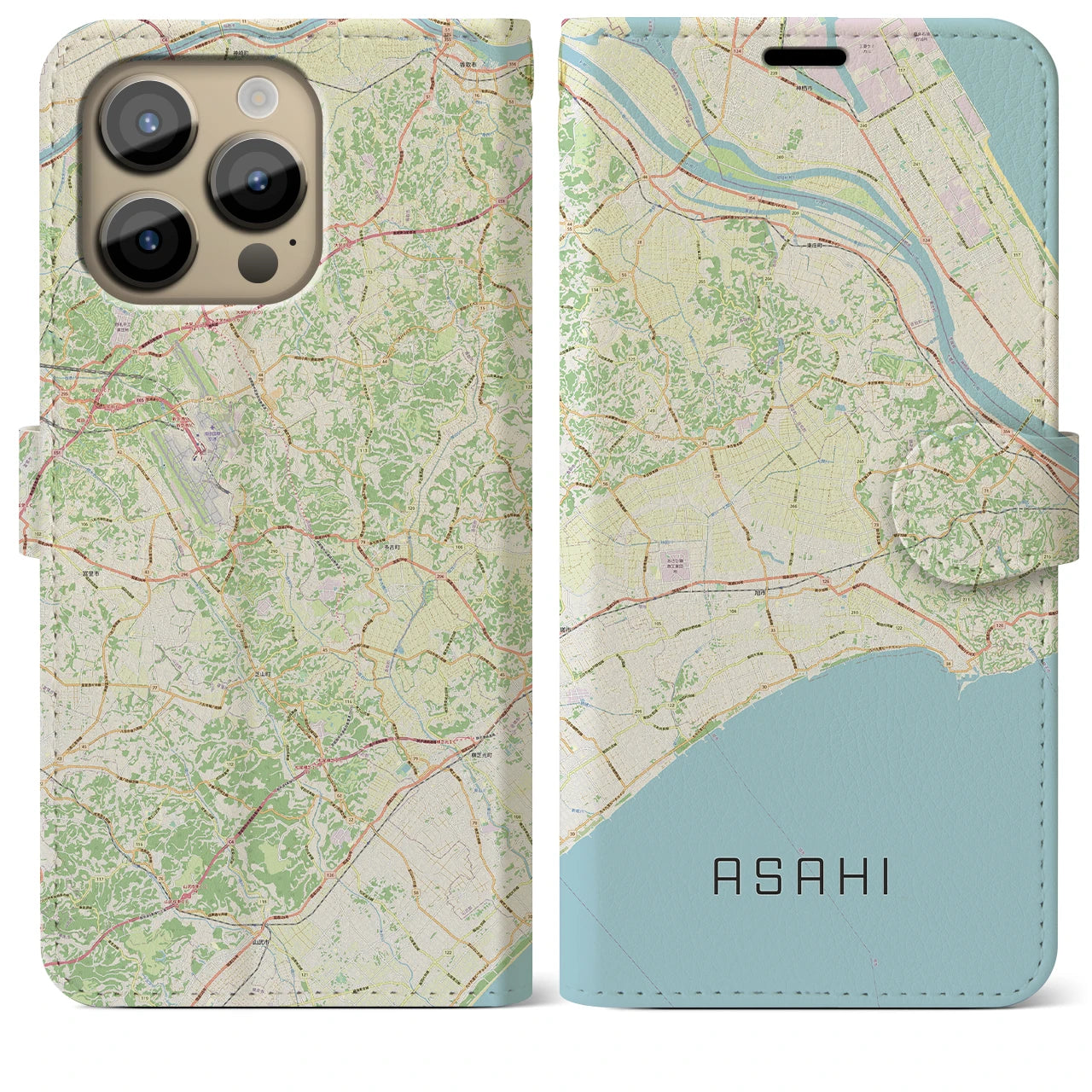 【旭】地図柄iPhoneケース（手帳両面タイプ・ナチュラル）iPhone 14 Pro Max 用