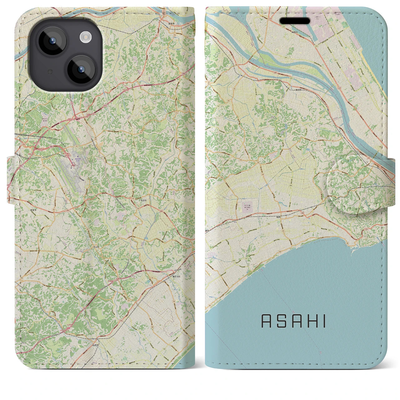 【旭】地図柄iPhoneケース（手帳両面タイプ・ナチュラル）iPhone 14 Plus 用