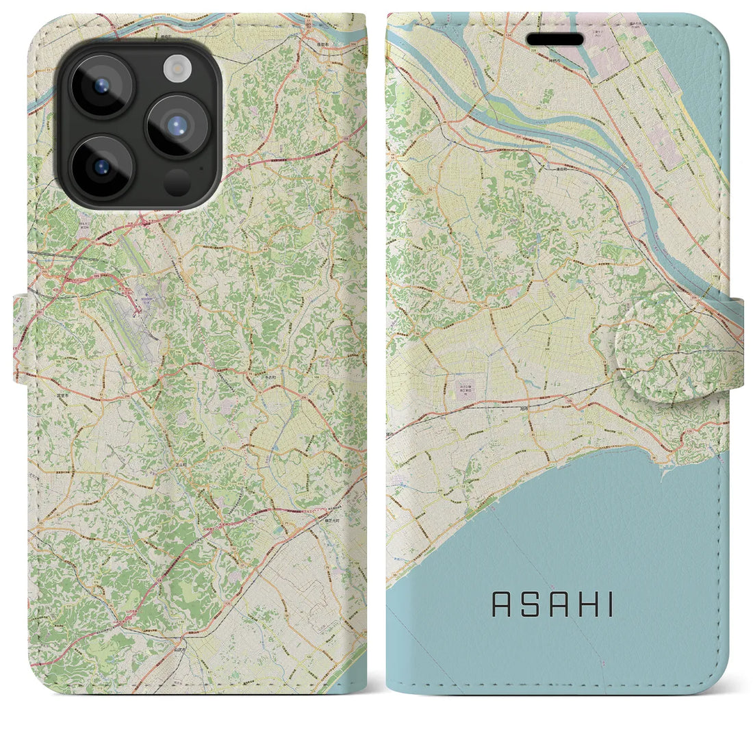 【旭】地図柄iPhoneケース（手帳両面タイプ・ナチュラル）iPhone 15 Pro Max 用