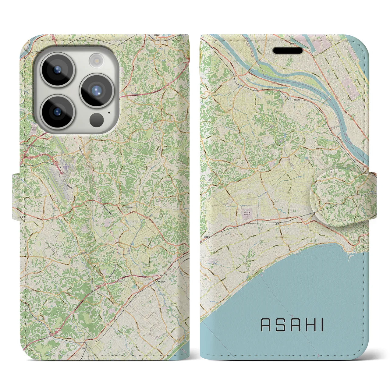 【旭】地図柄iPhoneケース（手帳両面タイプ・ナチュラル）iPhone 15 Pro 用