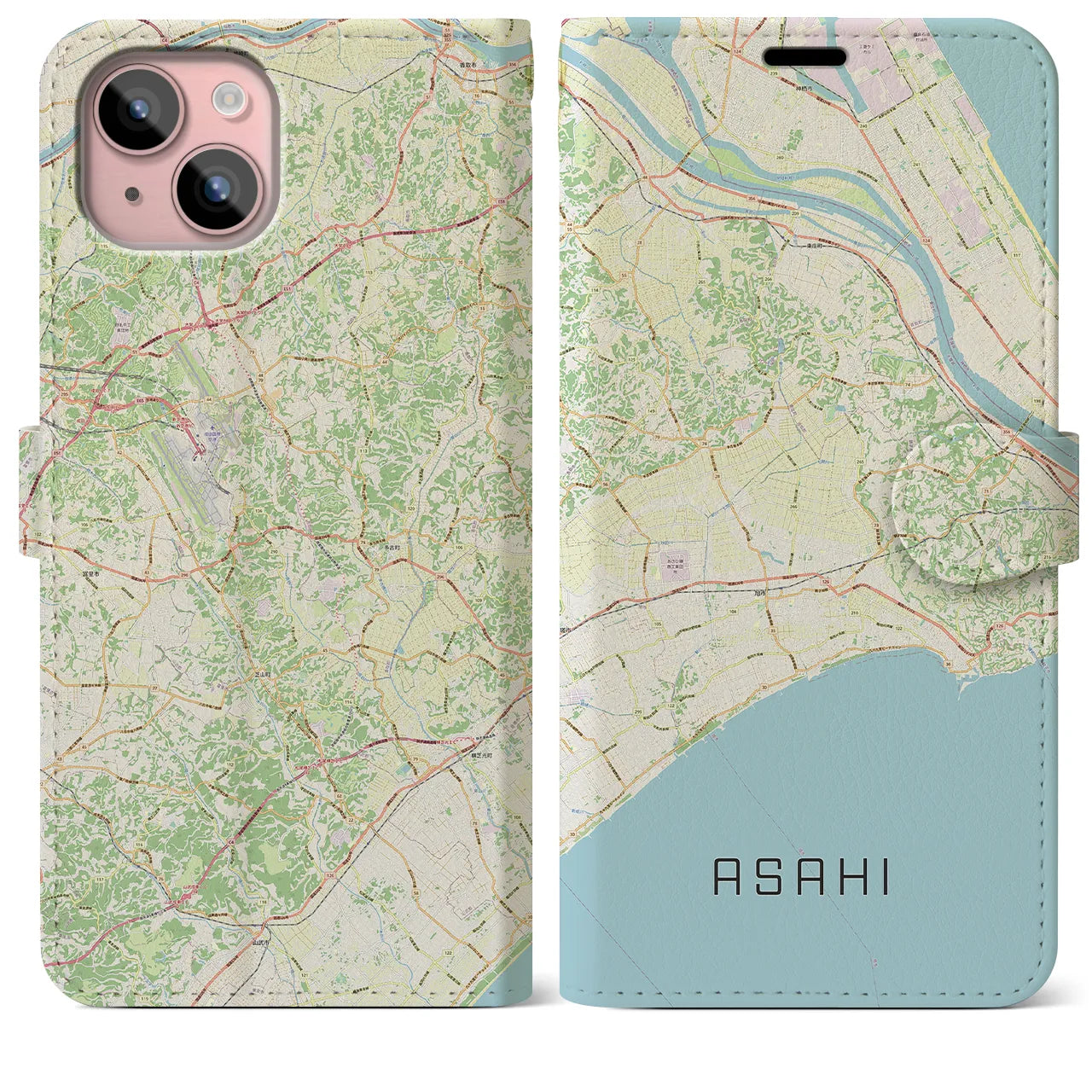 【旭】地図柄iPhoneケース（手帳両面タイプ・ナチュラル）iPhone 15 Plus 用