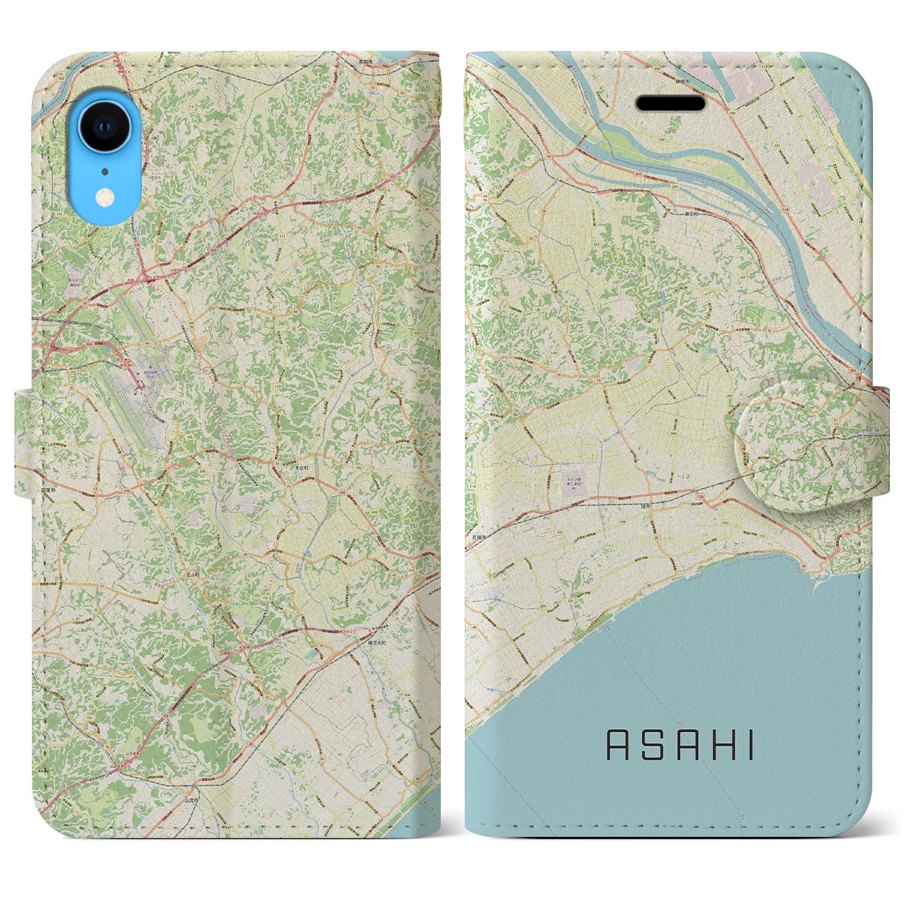 【旭】地図柄iPhoneケース（手帳両面タイプ・ナチュラル）iPhone XR 用