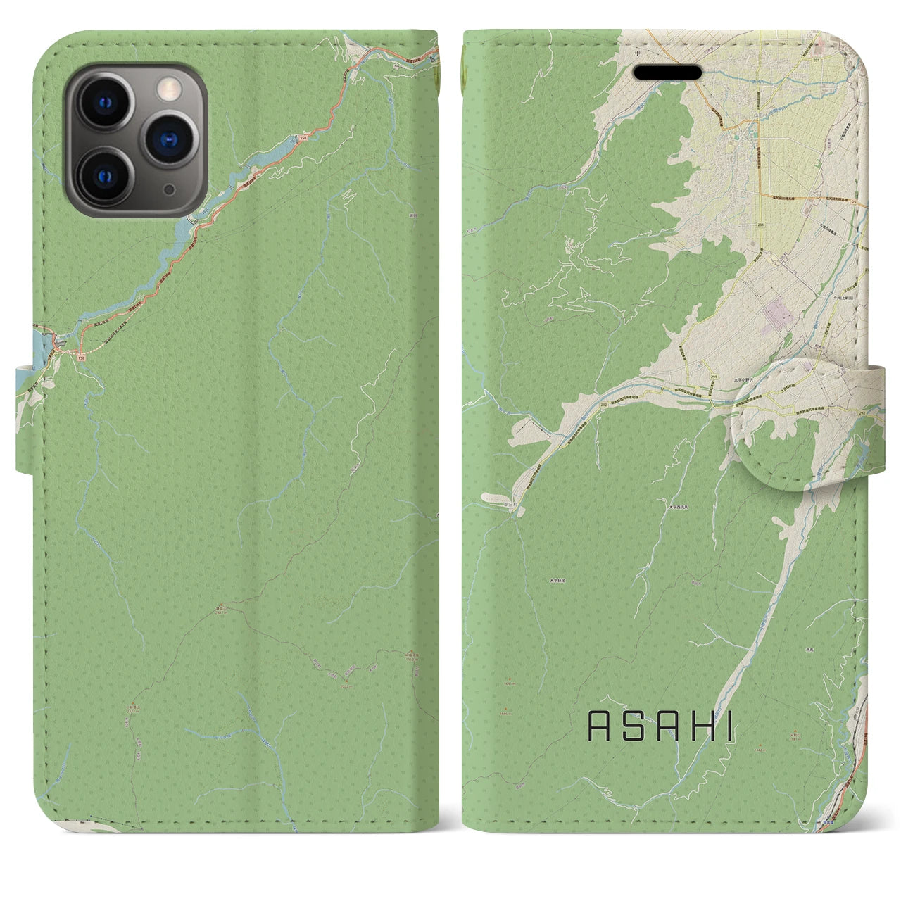 【朝日（長野県）】地図柄iPhoneケース（手帳両面タイプ・ナチュラル）iPhone 11 Pro Max 用