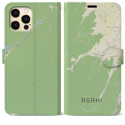 【朝日（長野県）】地図柄iPhoneケース（手帳タイプ）ナチュラル・iPhone 12 Pro Max 用
