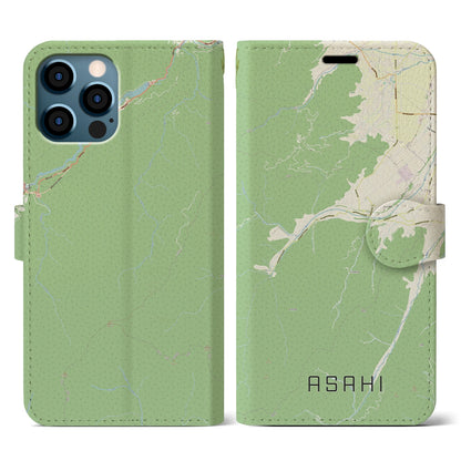 【朝日（長野県）】地図柄iPhoneケース（手帳タイプ）ナチュラル・iPhone 12 / 12 Pro 用