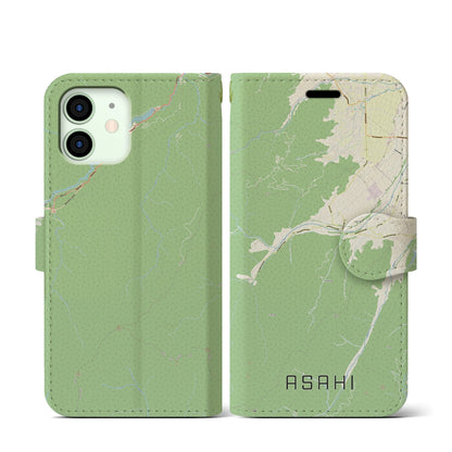 【朝日（長野県）】地図柄iPhoneケース（手帳タイプ）ナチュラル・iPhone 12 mini 用