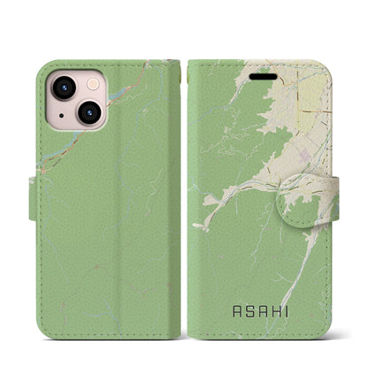 【朝日（長野県）】地図柄iPhoneケース（手帳タイプ）ナチュラル・iPhone 13 mini 用