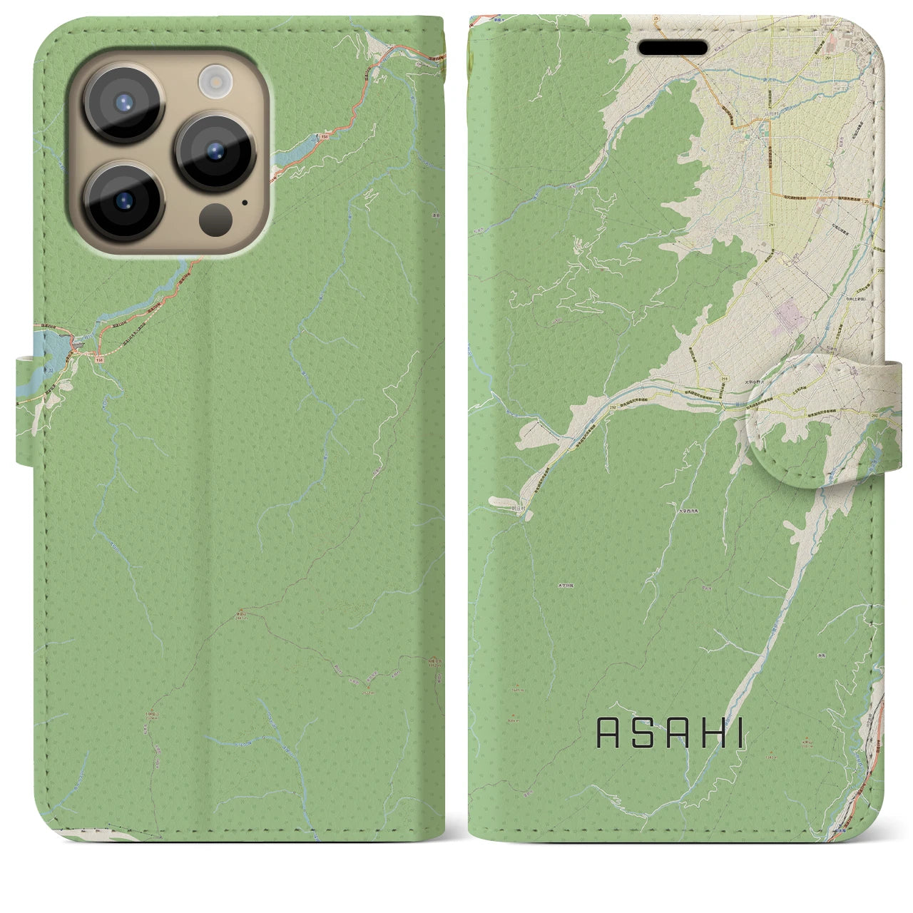 【朝日（長野県）】地図柄iPhoneケース（手帳両面タイプ・ナチュラル）iPhone 14 Pro Max 用