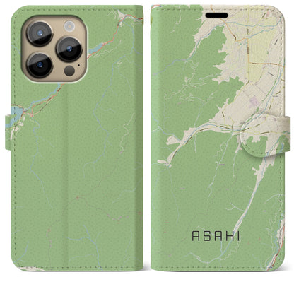 【朝日（長野県）】地図柄iPhoneケース（手帳タイプ）ナチュラル・iPhone 14 Pro Max 用