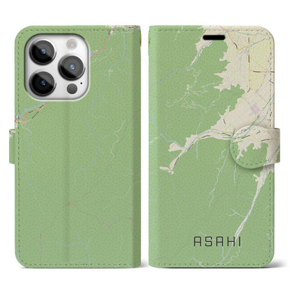 【朝日（長野県）】地図柄iPhoneケース（手帳タイプ）ナチュラル・iPhone 14 Pro 用