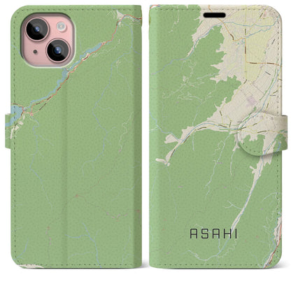【朝日（長野県）】地図柄iPhoneケース（手帳タイプ）ナチュラル・iPhone 15 Plus 用