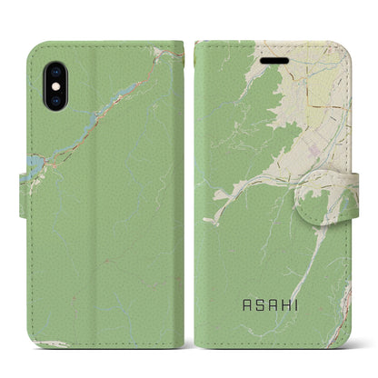 【朝日（長野県）】地図柄iPhoneケース（手帳タイプ）ナチュラル・iPhone XS / X 用