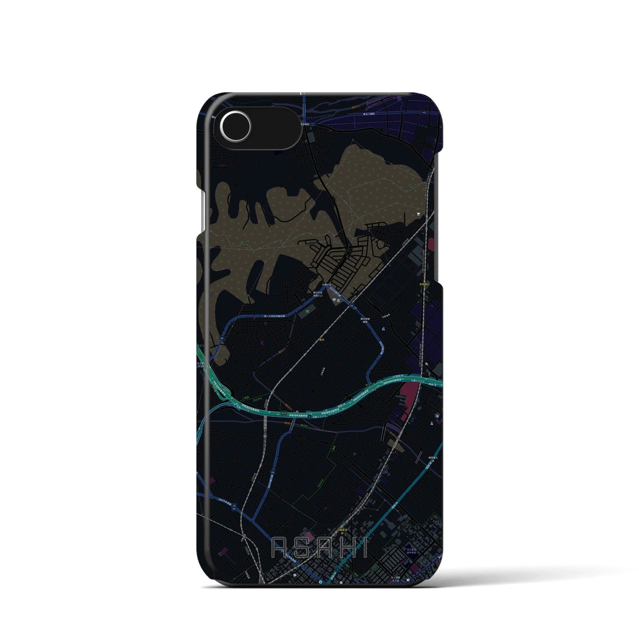 【朝日】地図柄iPhoneケース（バックカバータイプ・ブラック）iPhone SE（第3 / 第2世代） / 8 / 7 / 6s / 6 用