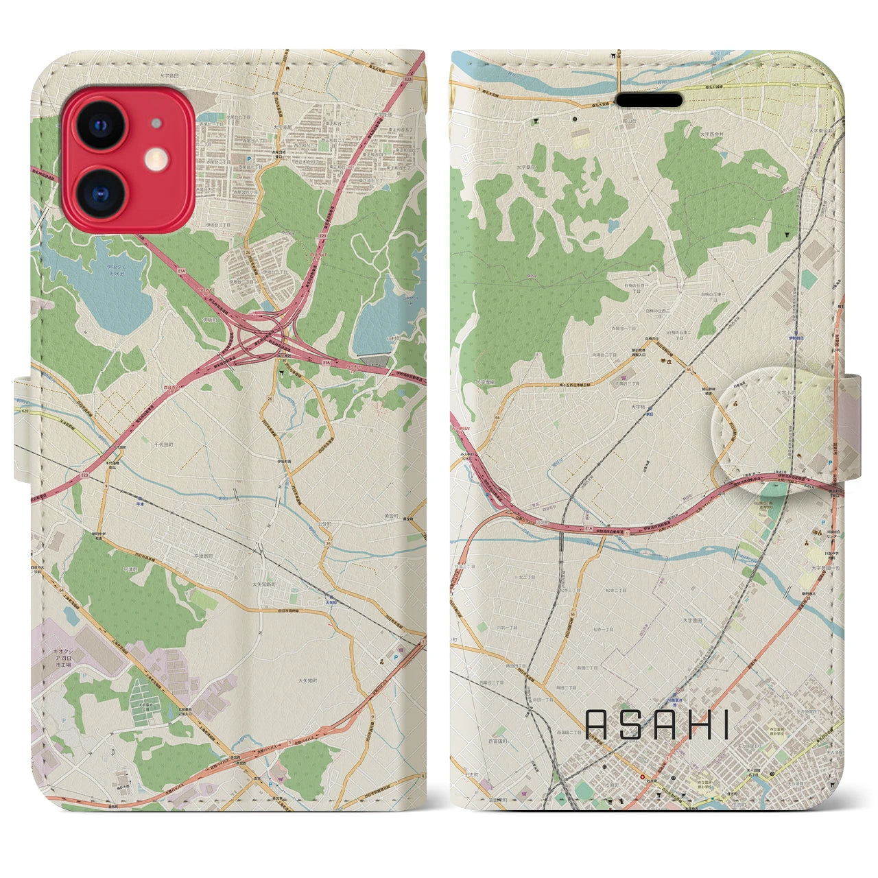 【朝日】地図柄iPhoneケース（手帳両面タイプ・ナチュラル）iPhone 11 用