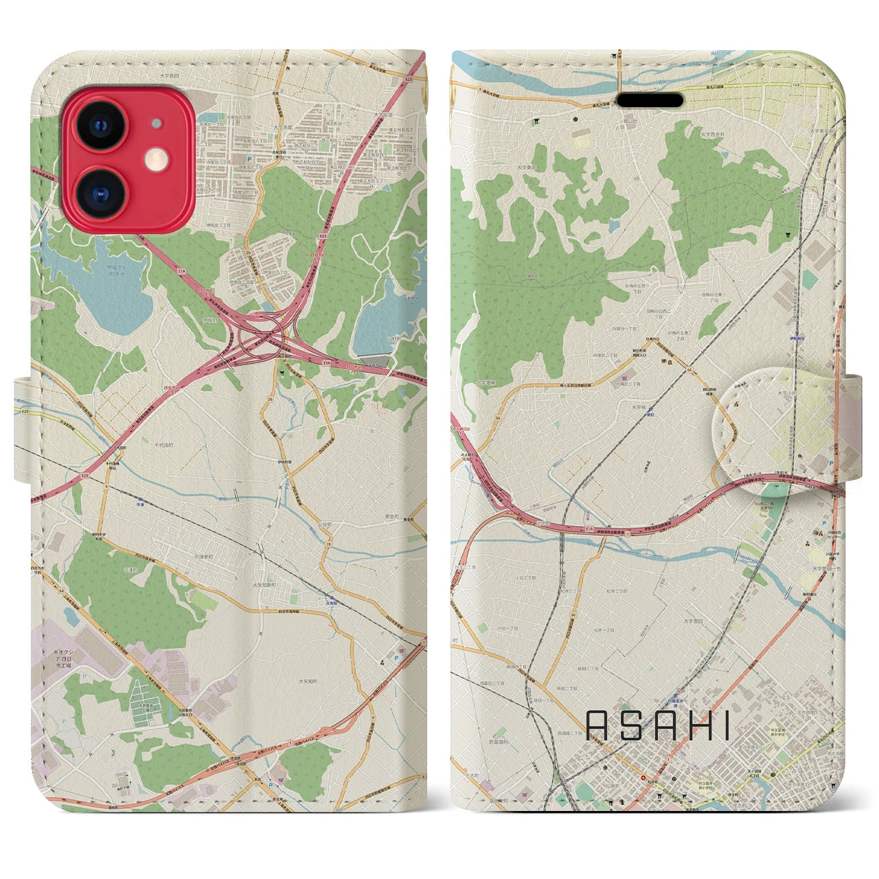 【朝日（三重県）】地図柄iPhoneケース（手帳タイプ）ナチュラル・iPhone 11 用