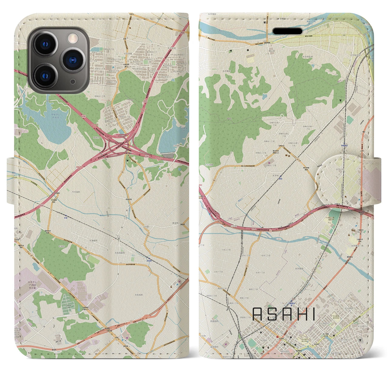【朝日（三重県）】地図柄iPhoneケース（手帳タイプ）ナチュラル・iPhone 11 Pro Max 用