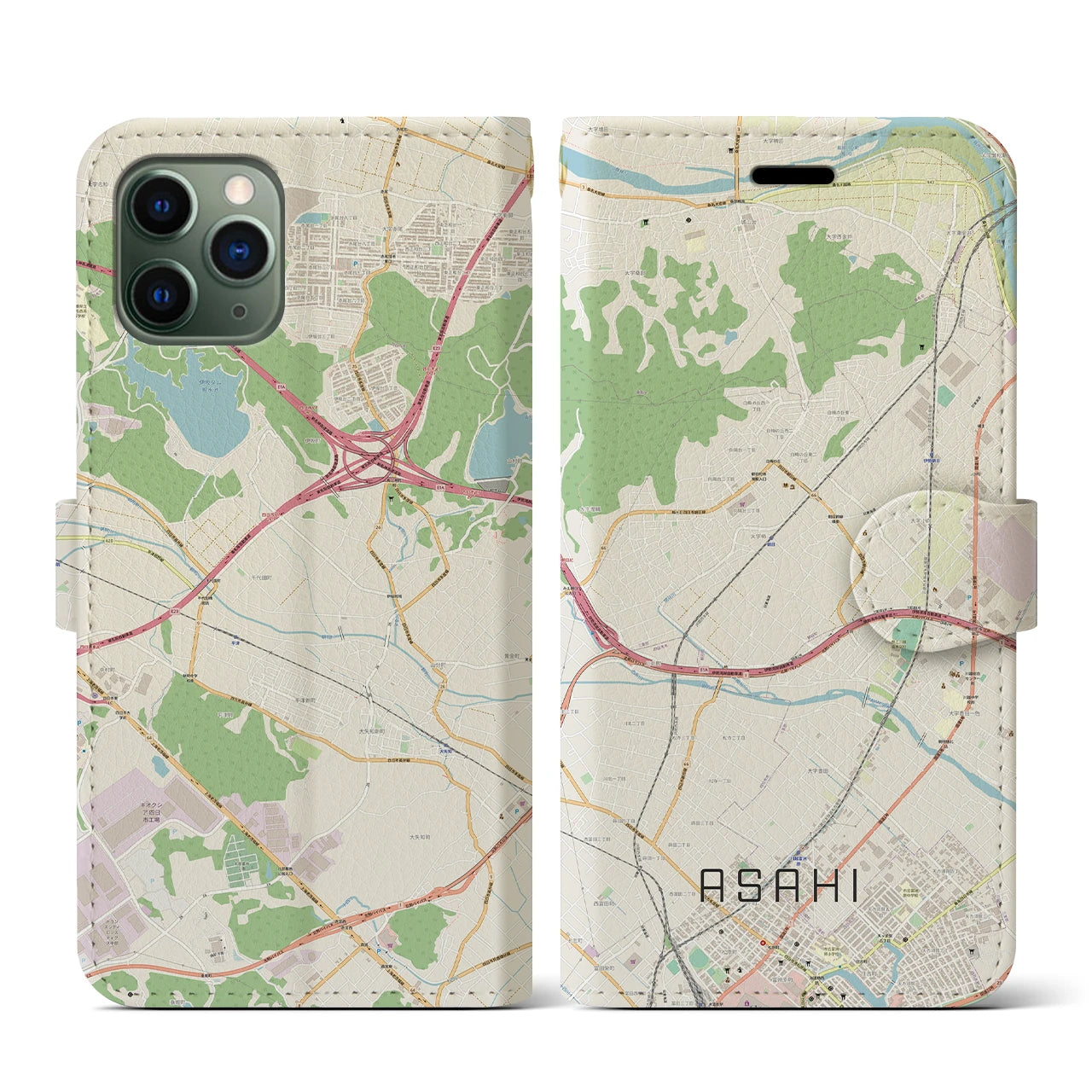 【朝日】地図柄iPhoneケース（手帳両面タイプ・ナチュラル）iPhone 11 Pro 用