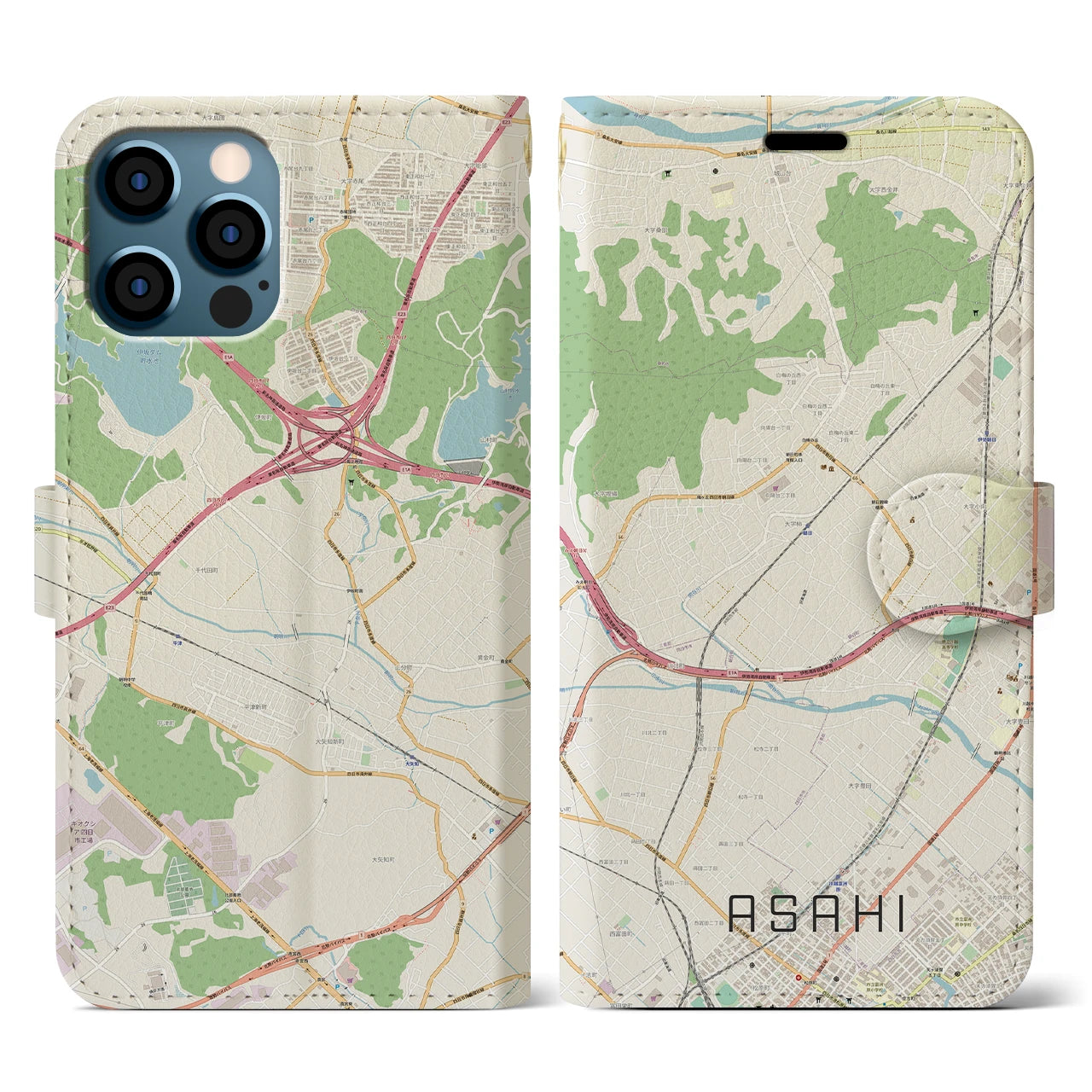 【朝日（三重県）】地図柄iPhoneケース（手帳タイプ）ナチュラル・iPhone 12 / 12 Pro 用