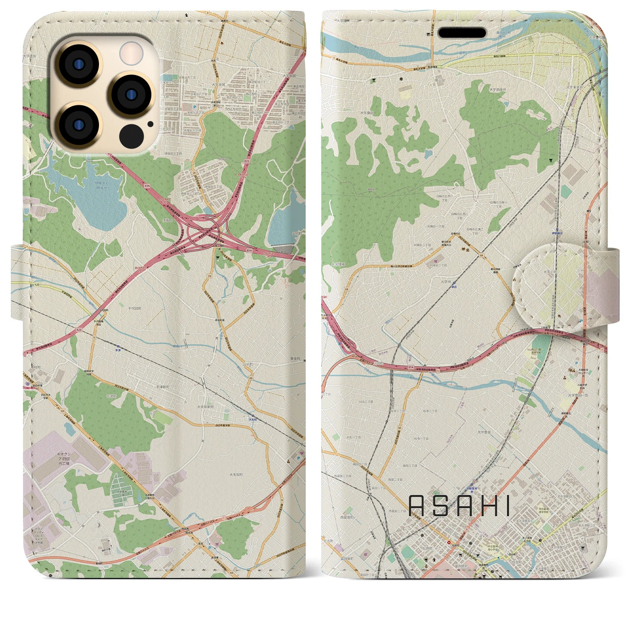【朝日】地図柄iPhoneケース（手帳両面タイプ・ナチュラル）iPhone 12 Pro Max 用