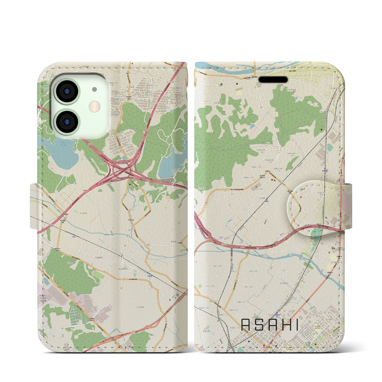 【朝日（三重県）】地図柄iPhoneケース（手帳タイプ）ナチュラル・iPhone 12 mini 用