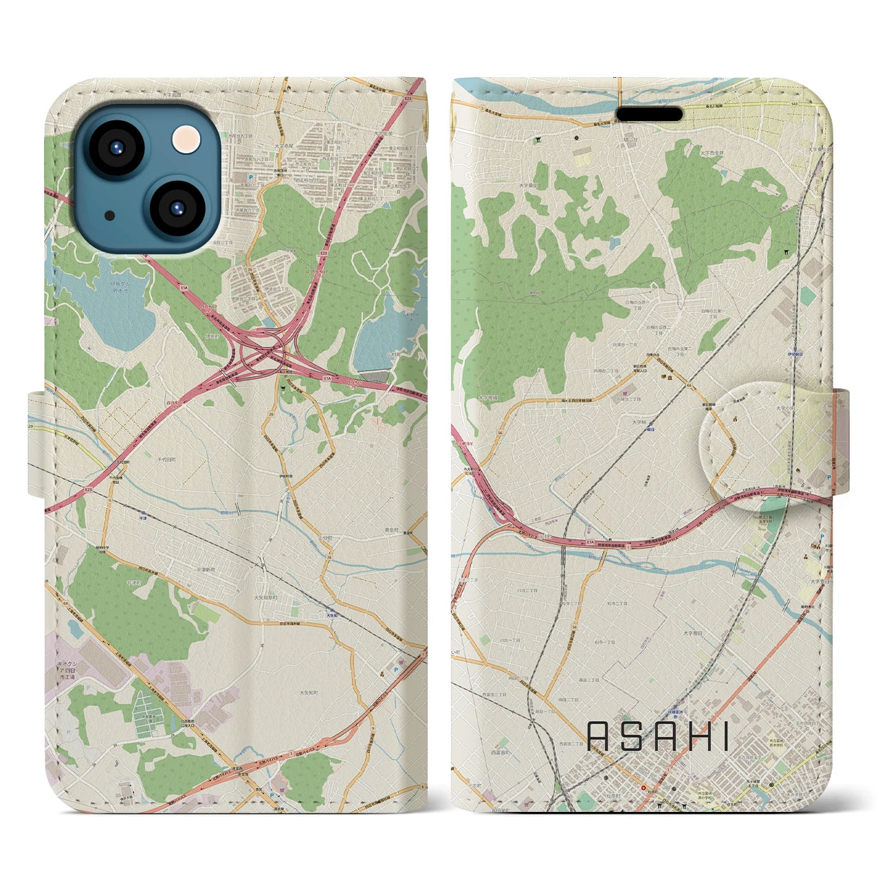 【朝日】地図柄iPhoneケース（手帳両面タイプ・ナチュラル）iPhone 13 用