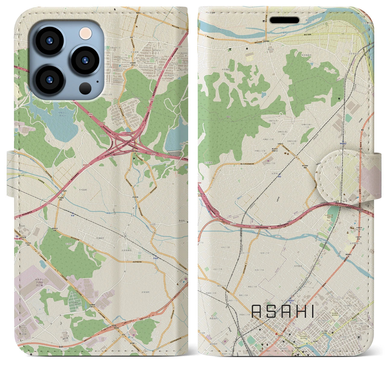 【朝日】地図柄iPhoneケース（手帳両面タイプ・ナチュラル）iPhone 13 Pro Max 用