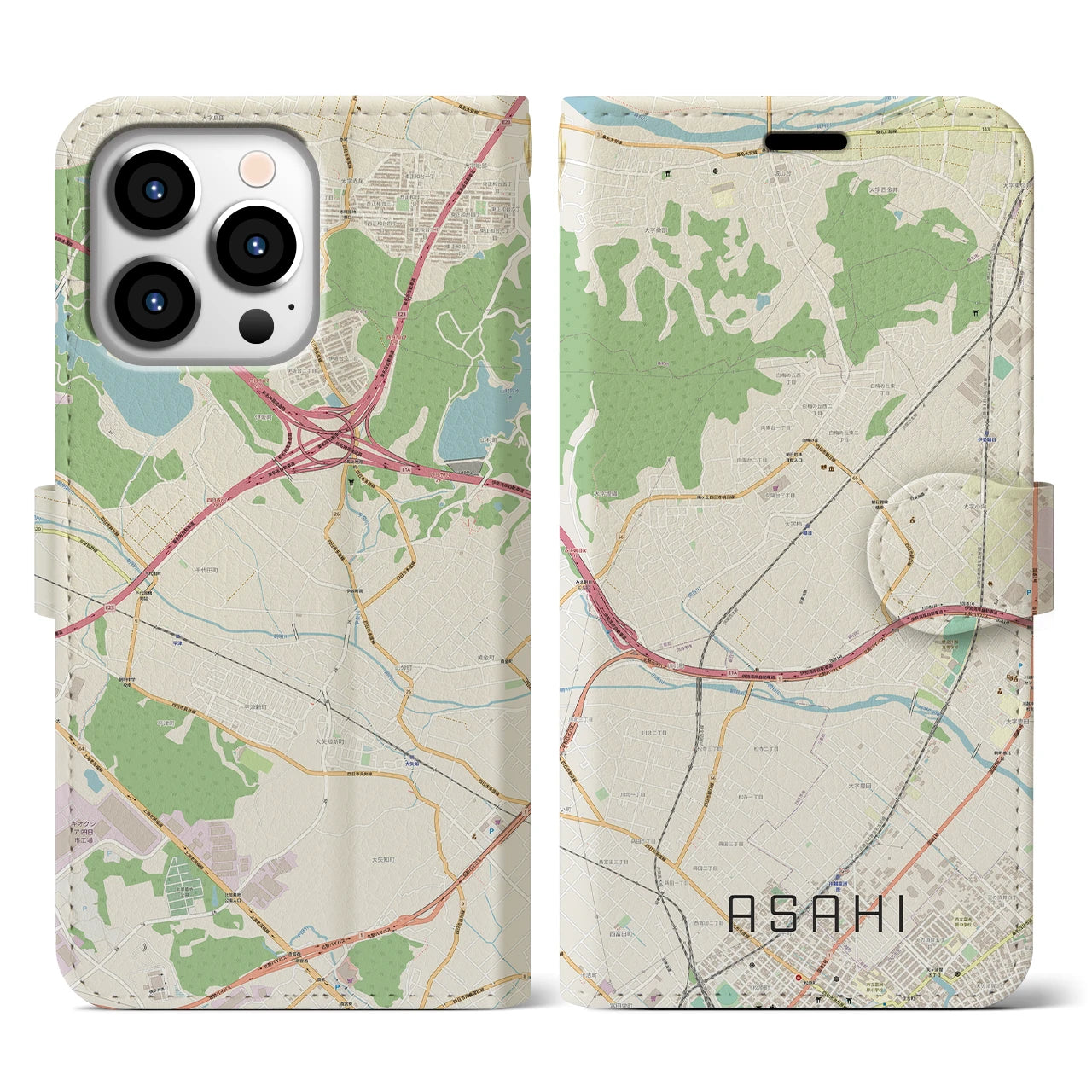 【朝日】地図柄iPhoneケース（手帳両面タイプ・ナチュラル）iPhone 13 Pro 用