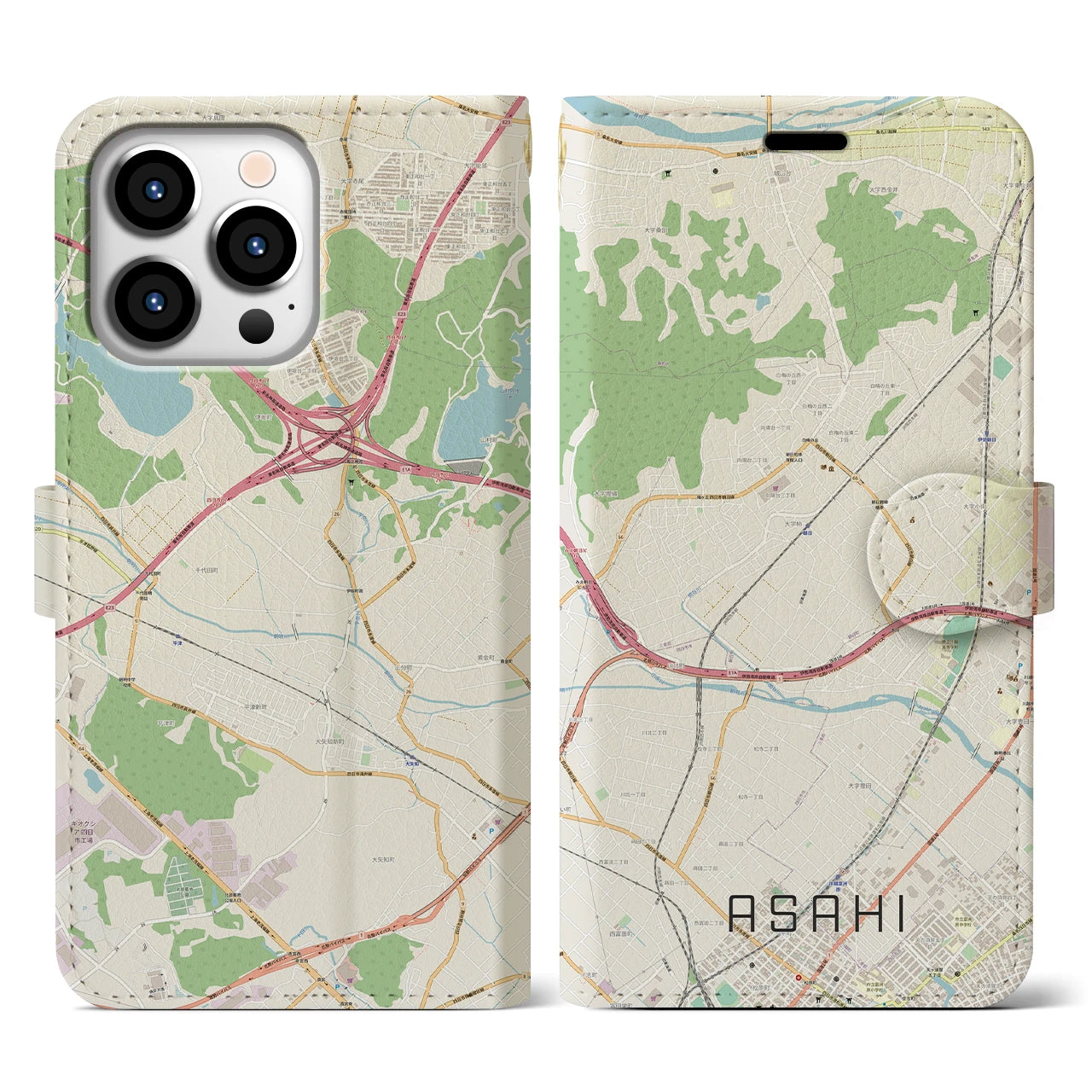 【朝日（三重県）】地図柄iPhoneケース（手帳タイプ）ナチュラル・iPhone 13 Pro 用