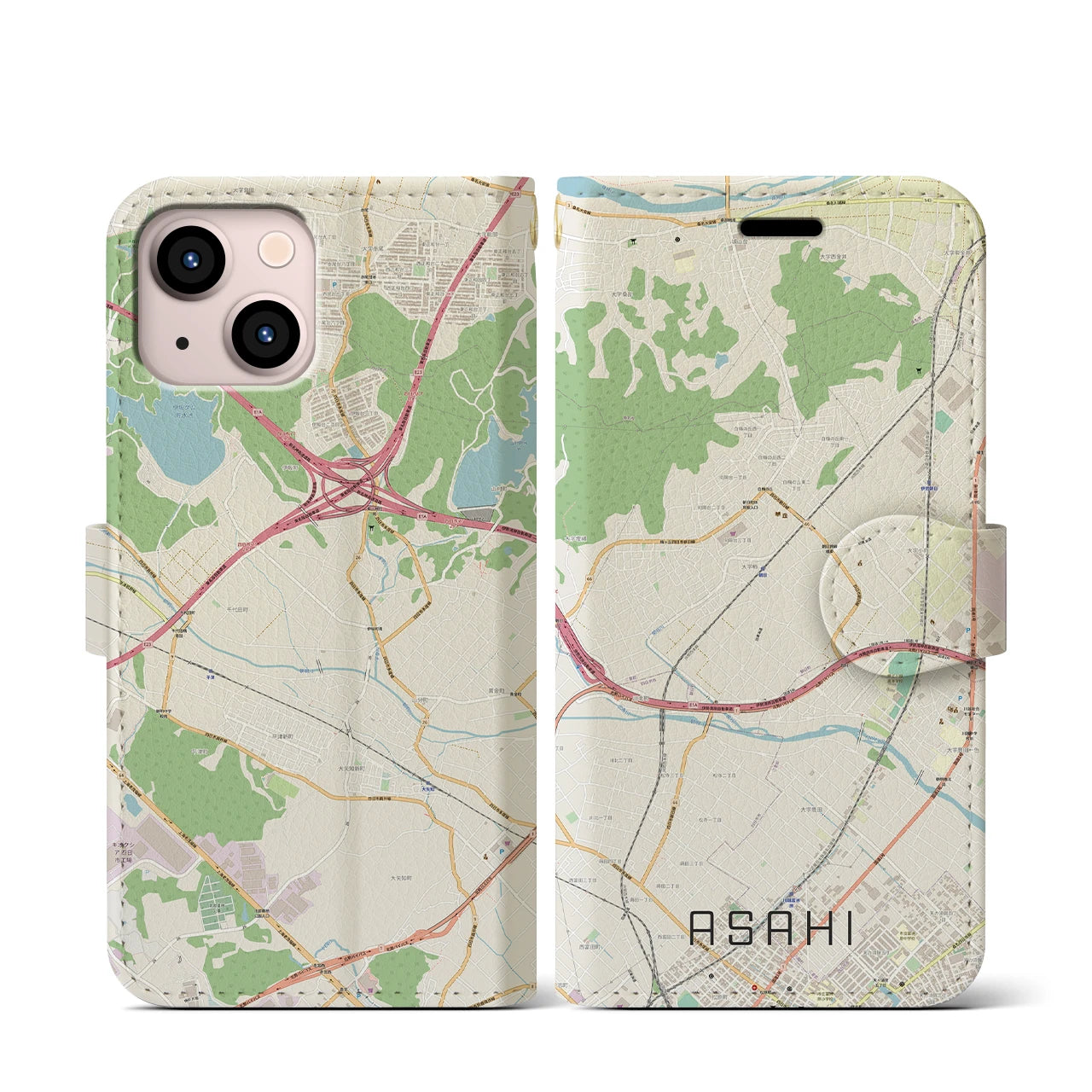 【朝日（三重県）】地図柄iPhoneケース（手帳タイプ）ナチュラル・iPhone 13 mini 用