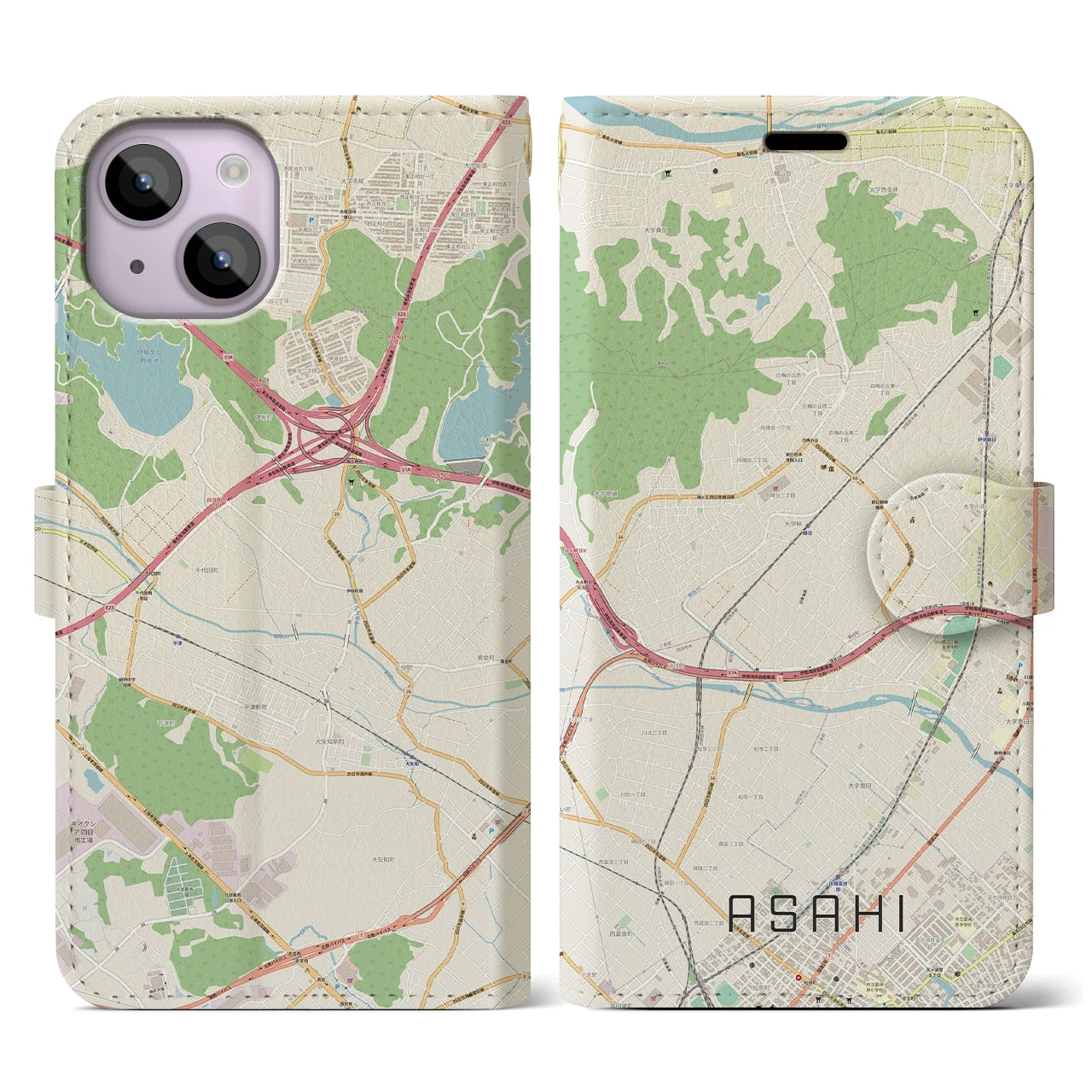【朝日】地図柄iPhoneケース（手帳両面タイプ・ナチュラル）iPhone 14 用