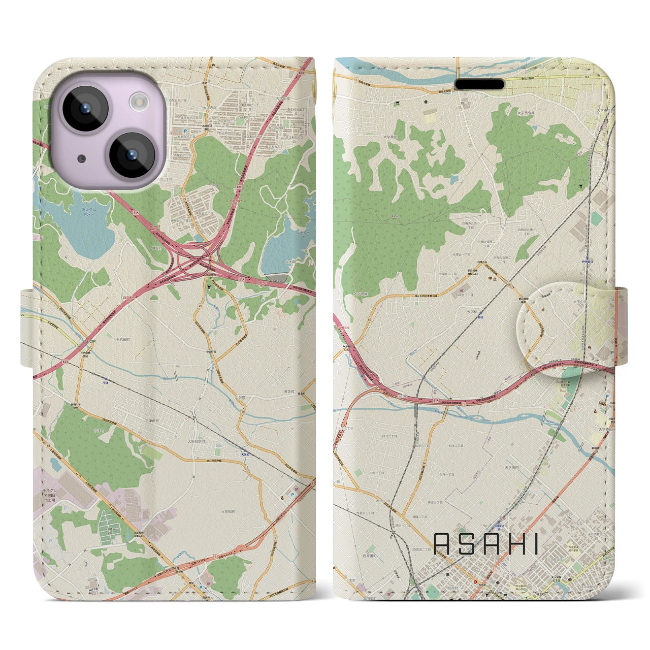 【朝日（三重県）】地図柄iPhoneケース（手帳タイプ）ナチュラル・iPhone 14 用