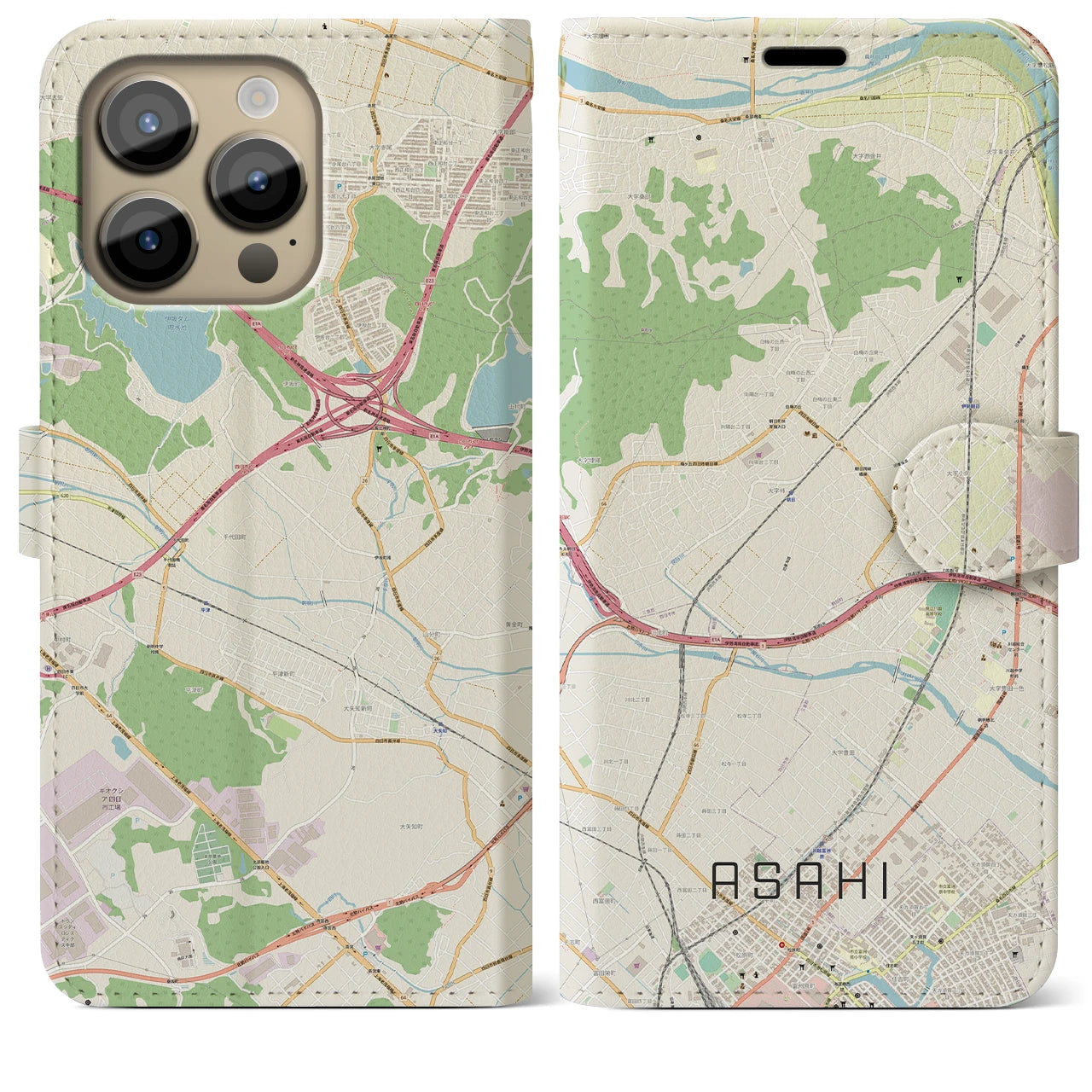 【朝日】地図柄iPhoneケース（手帳両面タイプ・ナチュラル）iPhone 14 Pro Max 用