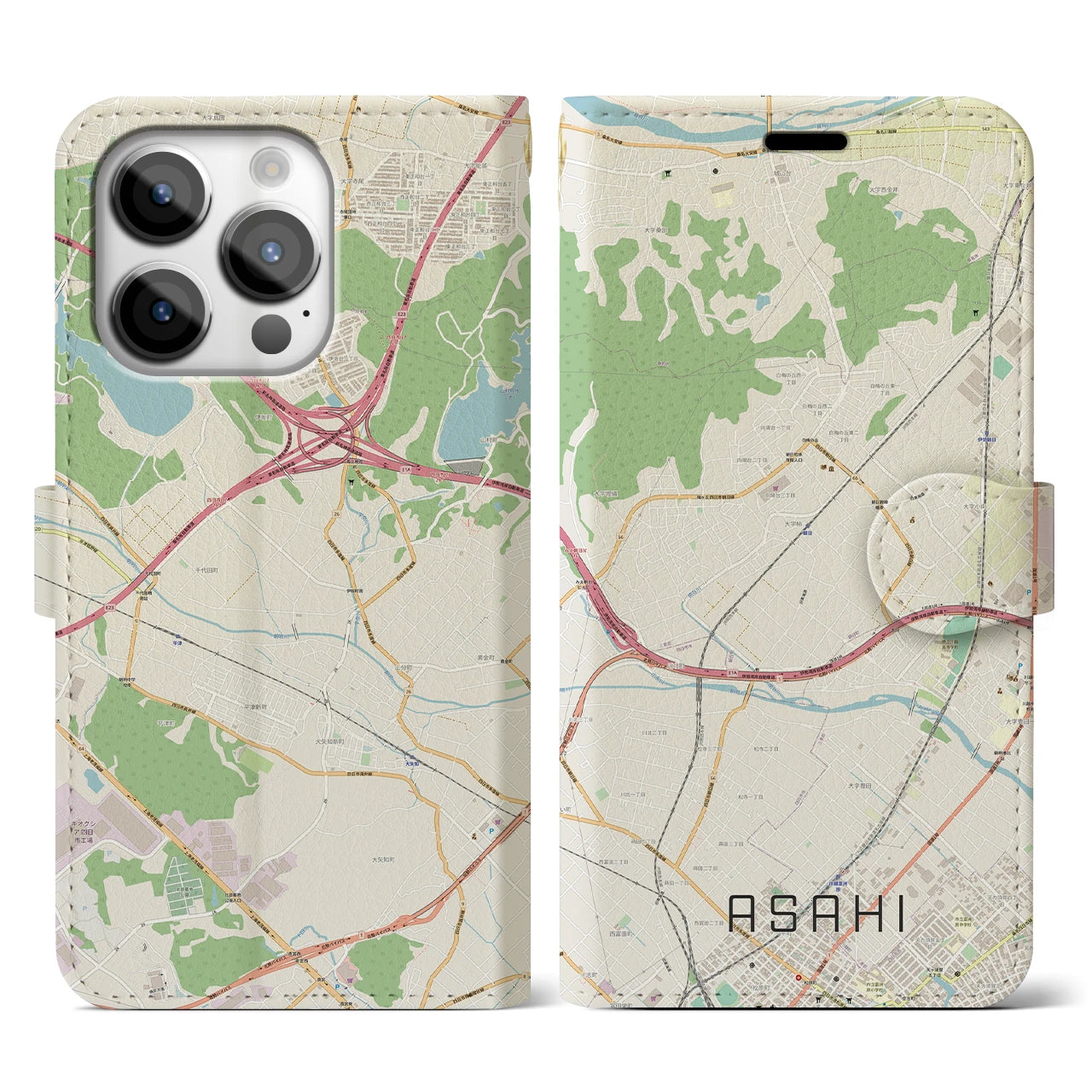 【朝日（三重県）】地図柄iPhoneケース（手帳タイプ）ナチュラル・iPhone 14 Pro 用