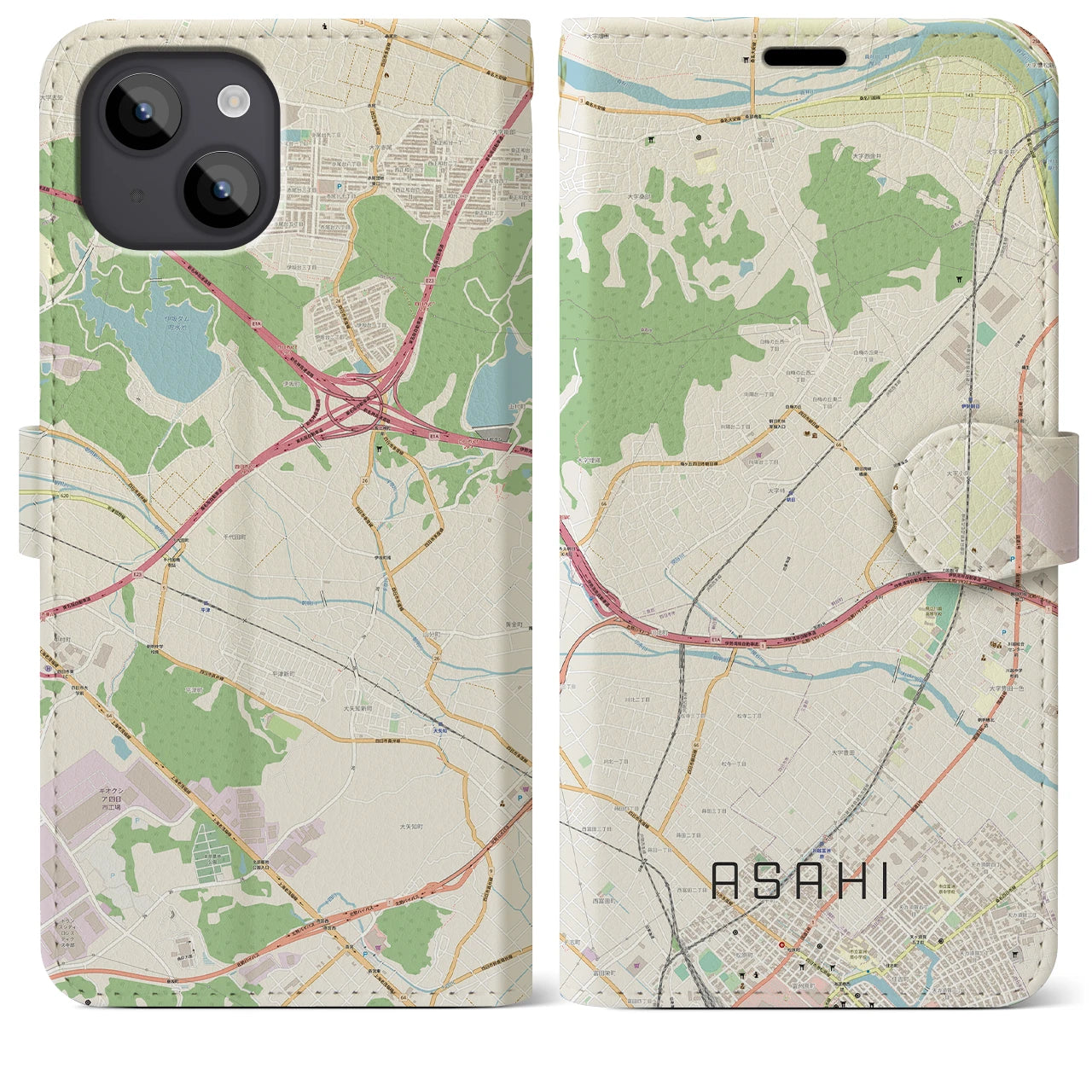 【朝日（三重県）】地図柄iPhoneケース（手帳タイプ）ナチュラル・iPhone 14 Plus 用