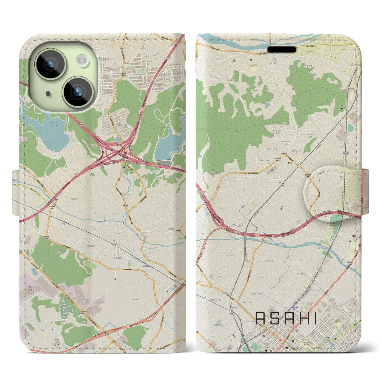 【朝日（三重県）】地図柄iPhoneケース（手帳タイプ）ナチュラル・iPhone 15 用
