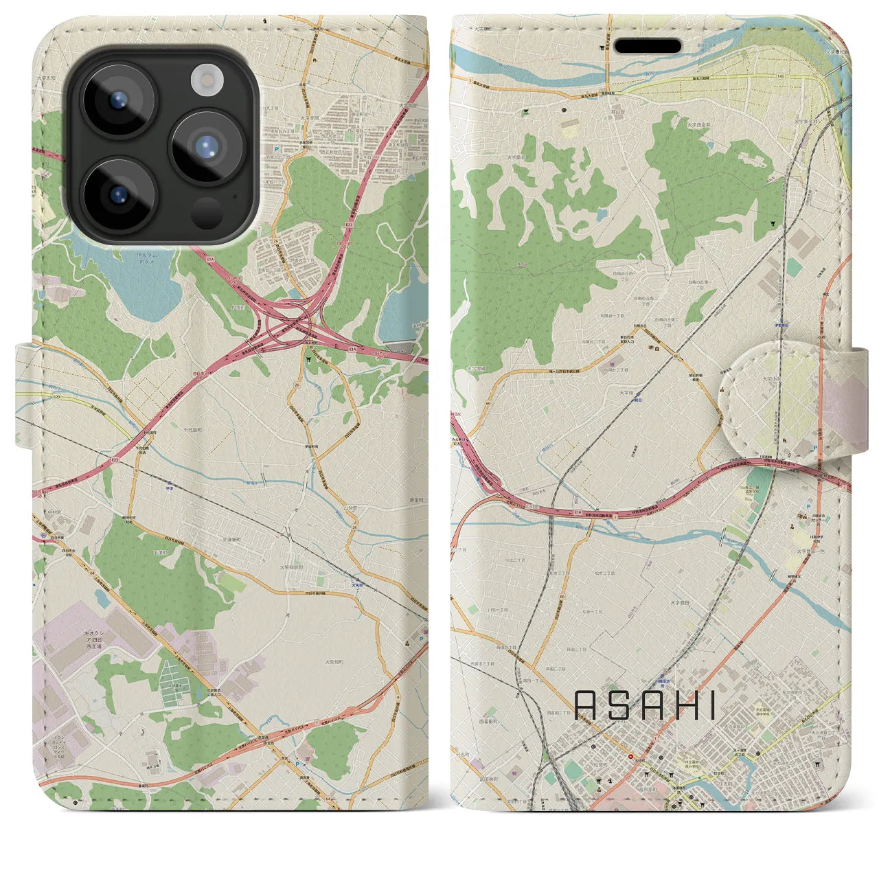 【朝日（三重県）】地図柄iPhoneケース（手帳タイプ）ナチュラル・iPhone 15 Pro Max 用