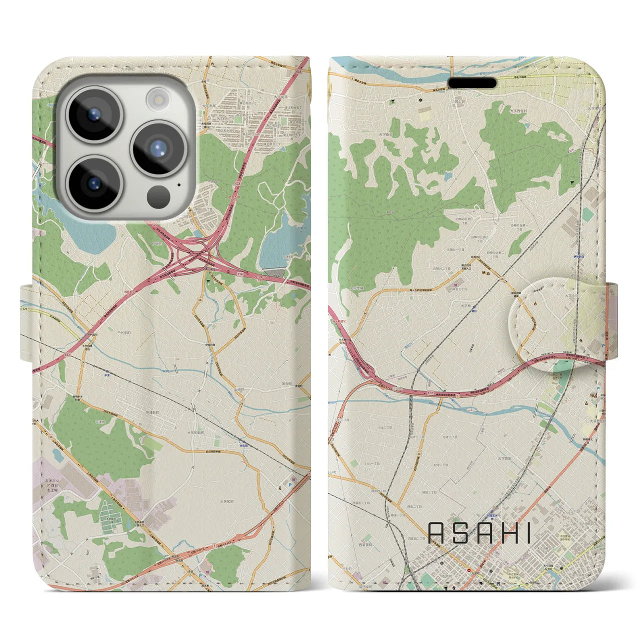 【朝日（三重県）】地図柄iPhoneケース（手帳タイプ）ナチュラル・iPhone 15 Pro 用
