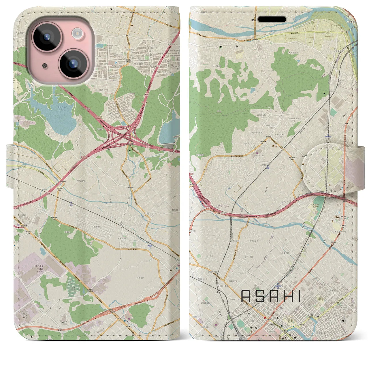 【朝日】地図柄iPhoneケース（手帳両面タイプ・ナチュラル）iPhone 15 Plus 用