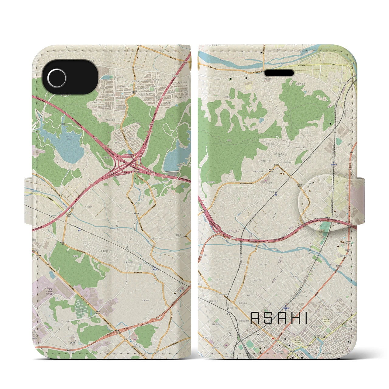 【朝日（三重県）】地図柄iPhoneケース（手帳タイプ）ナチュラル・iPhone SE（第3 / 第2世代） / 8 / 7 / 6s / 6 用