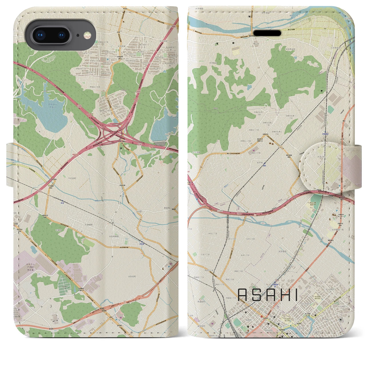 【朝日】地図柄iPhoneケース（手帳両面タイプ・ナチュラル）iPhone 8Plus /7Plus / 6sPlus / 6Plus 用