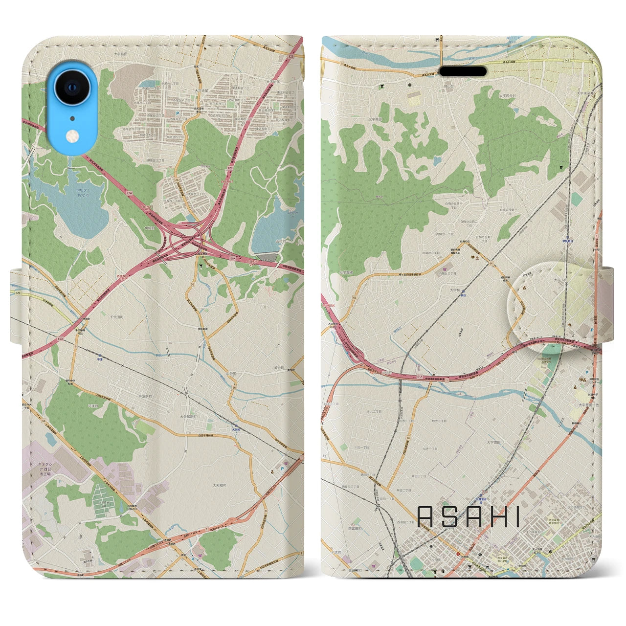 【朝日】地図柄iPhoneケース（手帳両面タイプ・ナチュラル）iPhone XR 用