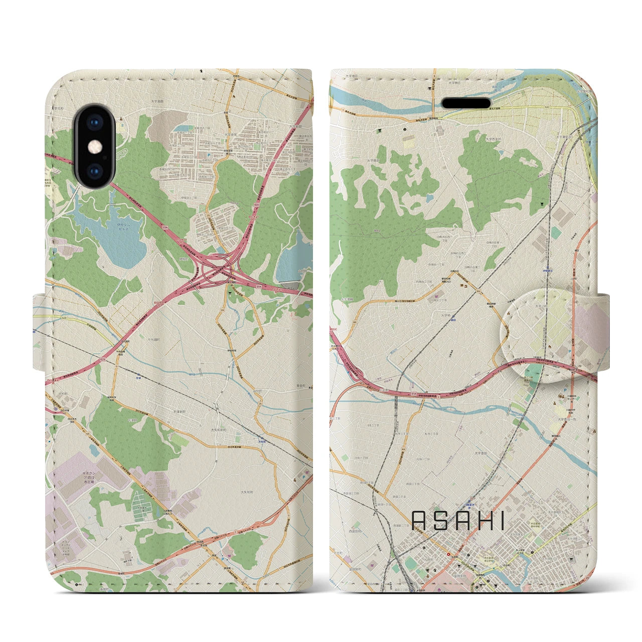 【朝日（三重県）】地図柄iPhoneケース（手帳タイプ）ナチュラル・iPhone XS / X 用