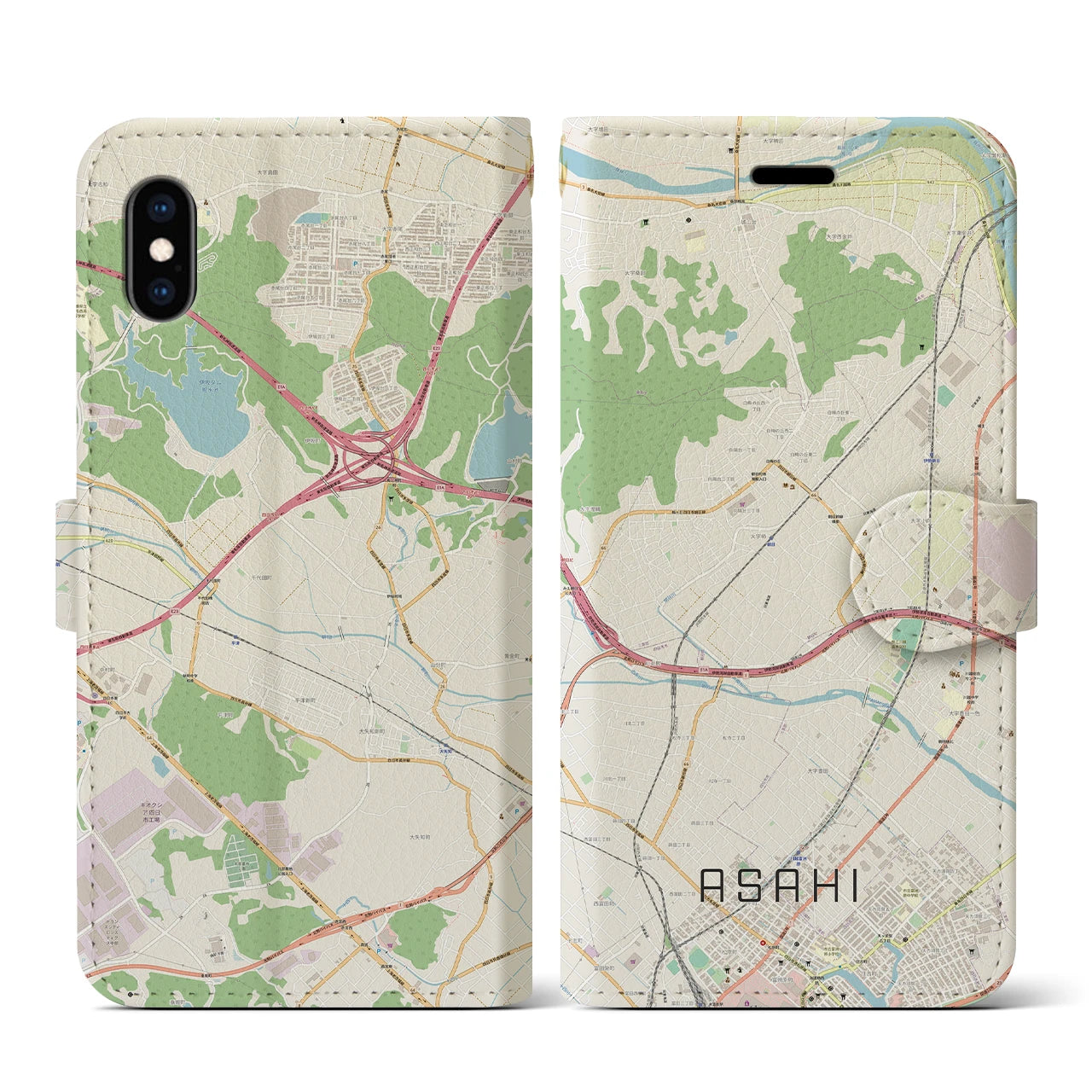 【朝日】地図柄iPhoneケース（手帳両面タイプ・ナチュラル）iPhone XS / X 用