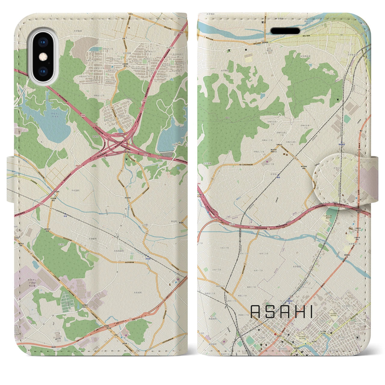 【朝日】地図柄iPhoneケース（手帳両面タイプ・ナチュラル）iPhone XS Max 用