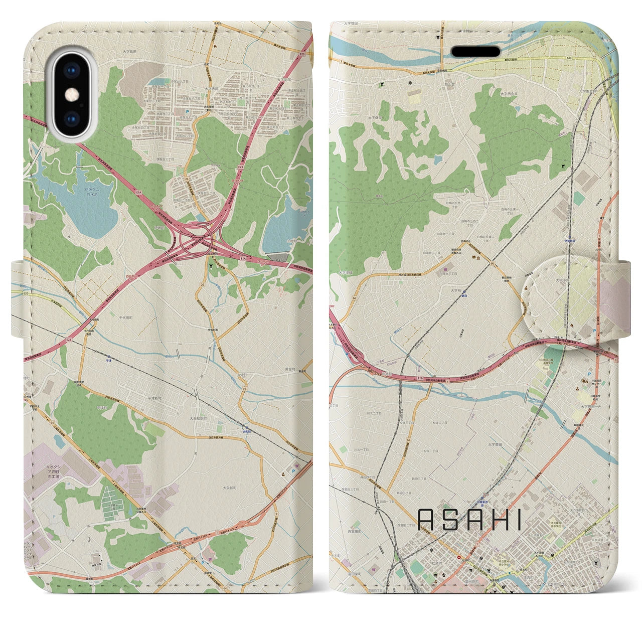 【朝日（三重県）】地図柄iPhoneケース（手帳タイプ）ナチュラル・iPhone XS Max 用
